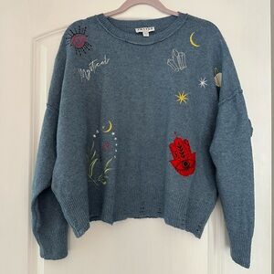 Frayed Moon Celestial Cosmic Stars Mystical Whimsy blue sweater
